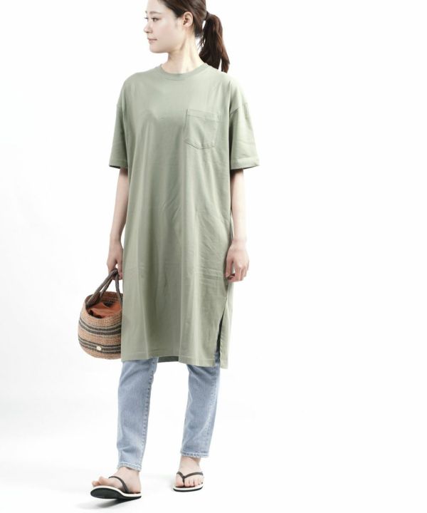 Universal Overall ユニバーサルオーバーオール コットン クルーネック Tシャツワンピース スリットワンピース Middle Length Cut Op ミドルレングスカットワンピース Bleu Comme Bleu ブルーコムブルー