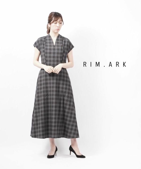 RIM.ARK(リムアーク), Vネック フレンチスリーブ チェックワンピース フレアワンピース Noble line classical dress  ノーブルラインクラシカルドレス