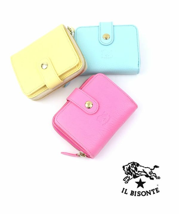 ✨美品✨イルビゾンテ　二つ折り財布　レザー　ブルー　ラウンドファスナー　ボタン IL BISONTE イルビゾンテ 財布 二つ折り 長財布 ボタン L字
