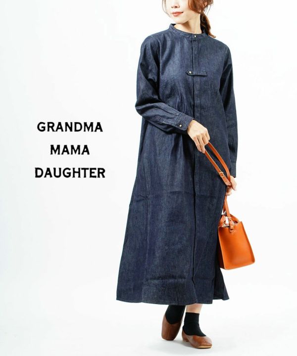 GRANDMA MAMA DAUGHTER by KATO'(グランマ・ママ・ドーター), コットンデニム バンドカラー デニムワンピース  シャツワンピース