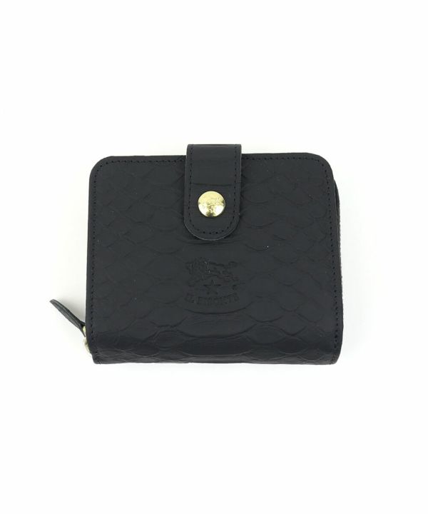 原産国イタリアイルビゾンテ　パイソン　エンボス　オールジップ　二つ折り財布　ブラック　黒