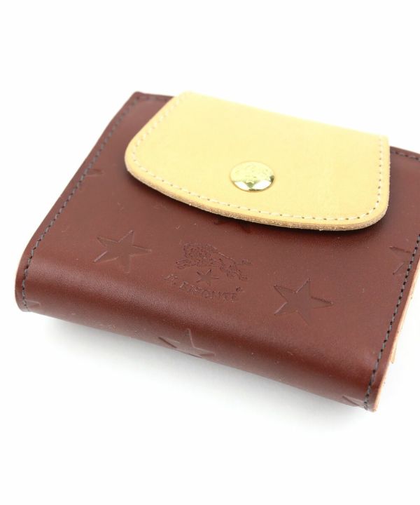 IL BISONTE(イルビゾンテ), レザー スターエンボス フラップ付き がま口財布 ウォレット 二つ折り財布