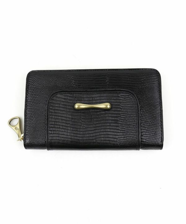 フェンディ リザード型押し ラウンドジップ 長財布 PVC 黒 ゴールド金具