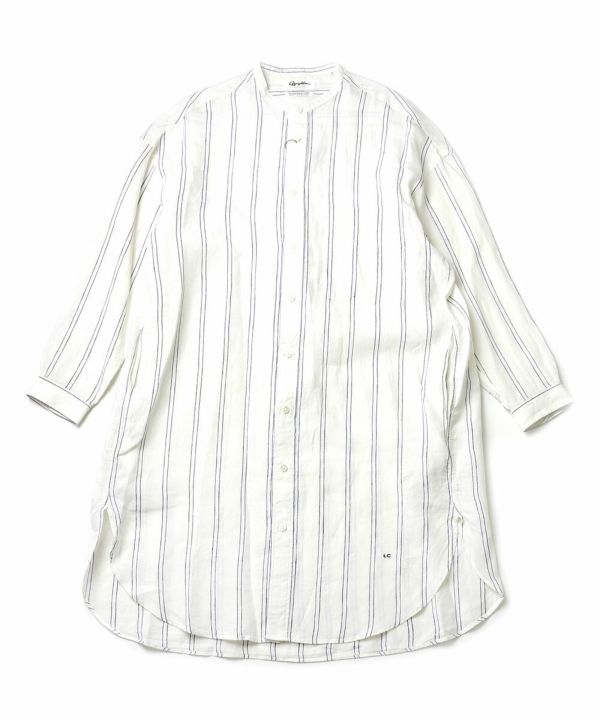 Gymphlex シャツワンピ★サイズ14 美品リネン100% 水色ストライプ ジムフレックス シャツワンピース フレンチリネン100
