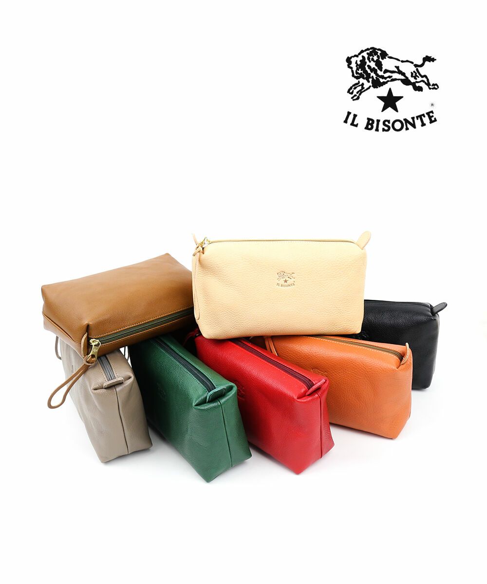 IL BISONTE(イルビゾンテ)レザー ストラップ付き ポーチ メイクポーチ 