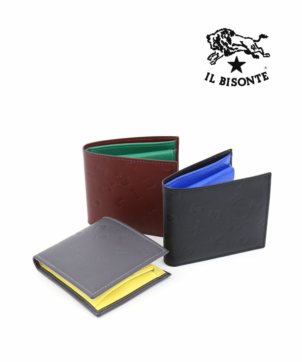美品】IL BISONTE ロゴエンボスドレザー 二つ折り財布 ウォレット 美品】IL BISONTE ロゴエンボスドレザー 二つ折り財布 ウォレット