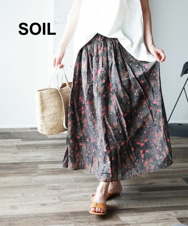 SOIL(ソイル), コットンシルク フラワープリント ギャザースカート 花柄スカート フレアスカート CO SILK FLOWER PRINT  GATHERED SKIRT
