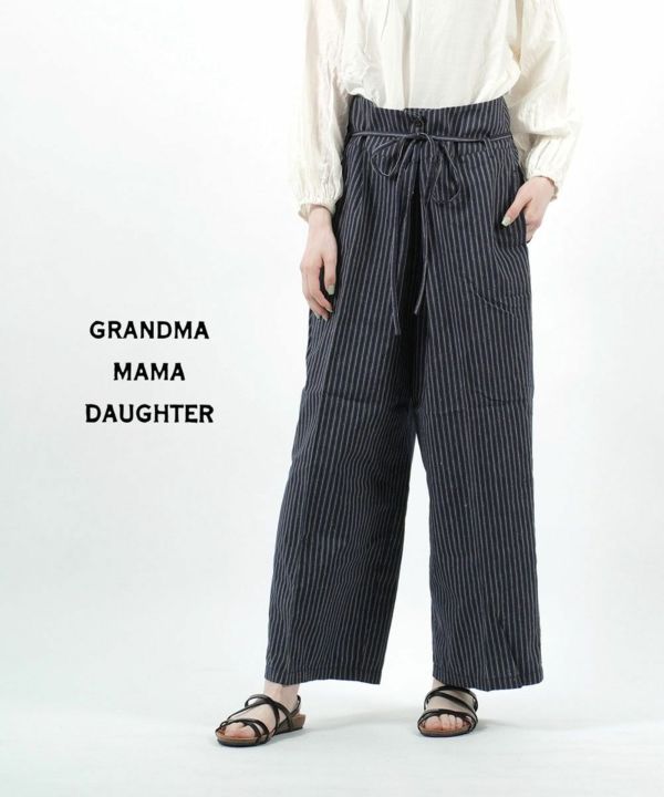GRANDMA MAMA DAUGHTER by KATO'(グランマ・ママ・ドーター), コットン ストライプ ラップパンツ タックパンツ  ワイドパンツ
