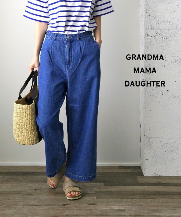 GRANDMA MAMA DAUGHTER by KATO'(グランマ・ママ・ドーター), オーガニックコットン デニム ワークパンツ ワイドデニム  タックパンツ