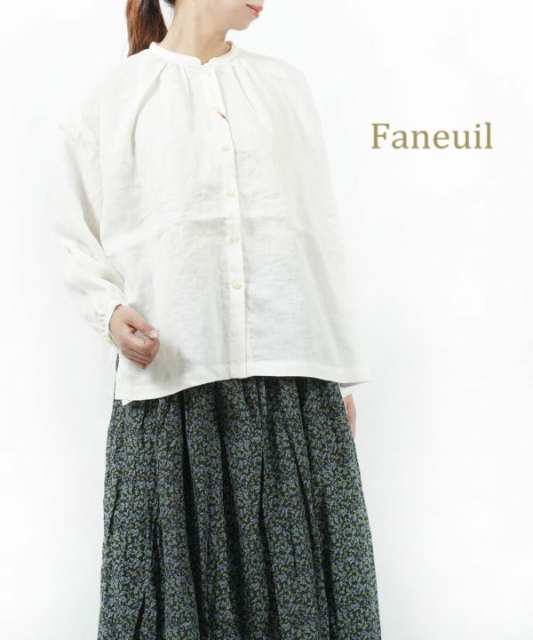 FANEUIL(ファヌル)フレンチリネン 細スタンドカラー ギャザーブラウス