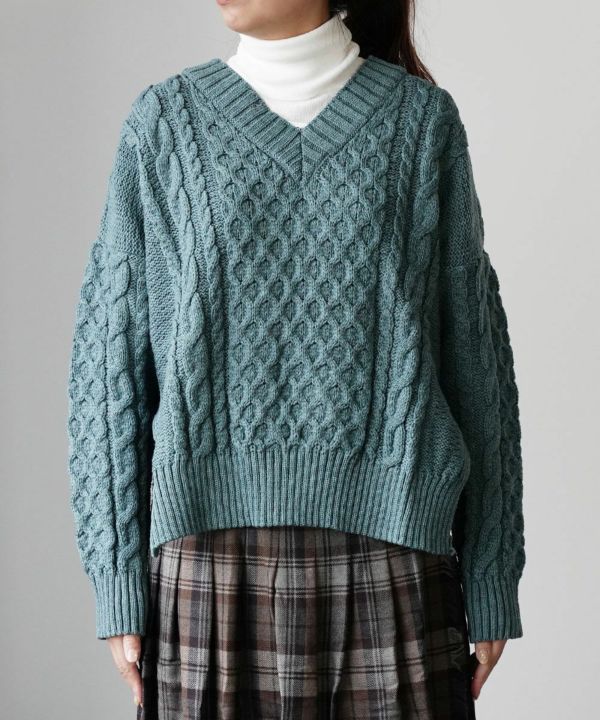 Oldderby Knitwear(オールドダービーニットウェア), ウール ケーブル編み Vネック ニット プルオーバー セーター