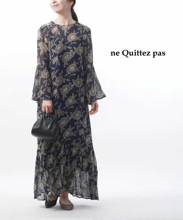 ne Quittez pas(ヌキテパ), フラワープリント ギャザードレス ロングワンピース Rayon Ggt Flower Print  Gather Sleeve Dress