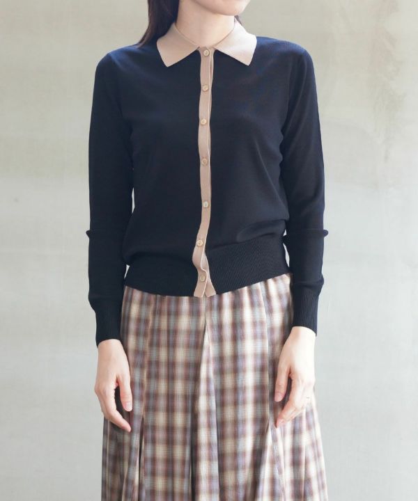 PUPULA(ププラ)レーヨン混 ミラノリブニット バイカラー 配色 襟付き